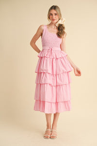 Pink Multi Striped Tiered Ruffle Midi Dress