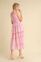 Pink Multi Striped Tiered Ruffle Midi Dress