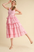 Pink Multi Striped Tiered Ruffle Midi Dress