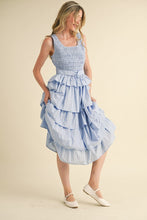 L Blue Multi Striped Tiered Ruffle Midi Dress