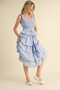 L Blue Multi Striped Tiered Ruffle Midi Dress