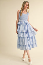 L Blue Multi Striped Tiered Ruffle Midi Dress