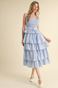 L Blue Multi Striped Tiered Ruffle Midi Dress