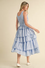 L Blue Multi Striped Tiered Ruffle Midi Dress