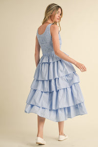 L Blue Multi Striped Tiered Ruffle Midi Dress