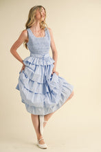 L Blue Multi Striped Tiered Ruffle Midi Dress