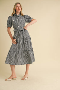 Black White Stripe Shirt Midi Dress