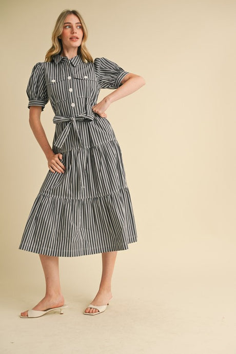 Black White Stripe Shirt Midi Dress