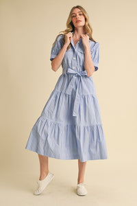 Azure White Stripe Shirt Midi Dress