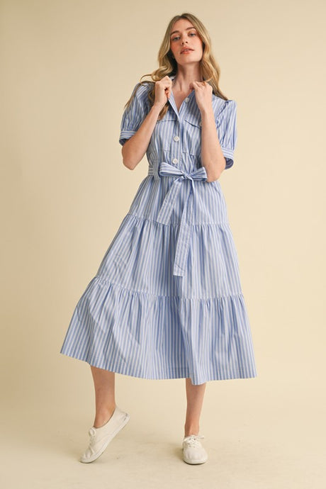 Azure White Stripe Shirt Midi Dress
