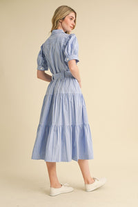 Azure White Stripe Shirt Midi Dress
