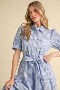 Azure White Stripe Shirt Midi Dress