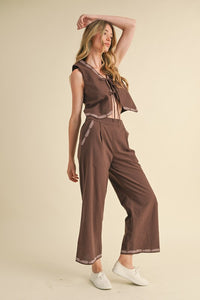 Mocaccino Embroidered Vest And Wide Leg Pants Set