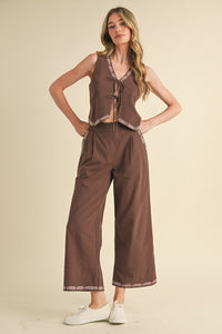 Mocaccino Embroidered Vest And Wide Leg Pants Set