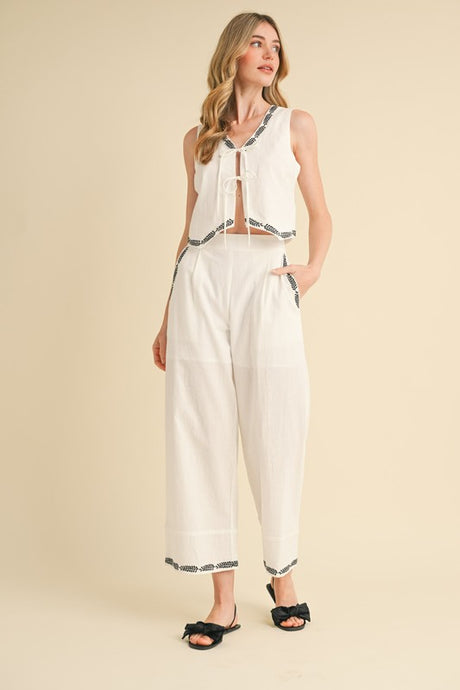 Off White Embroidered Vest And Wide Leg Pants Set