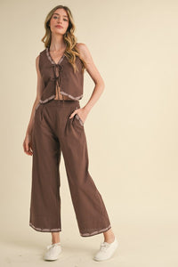 Mocaccino Embroidered Vest And Wide Leg Pants Set
