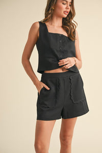 Black Scalloped Vest And Shorts Set