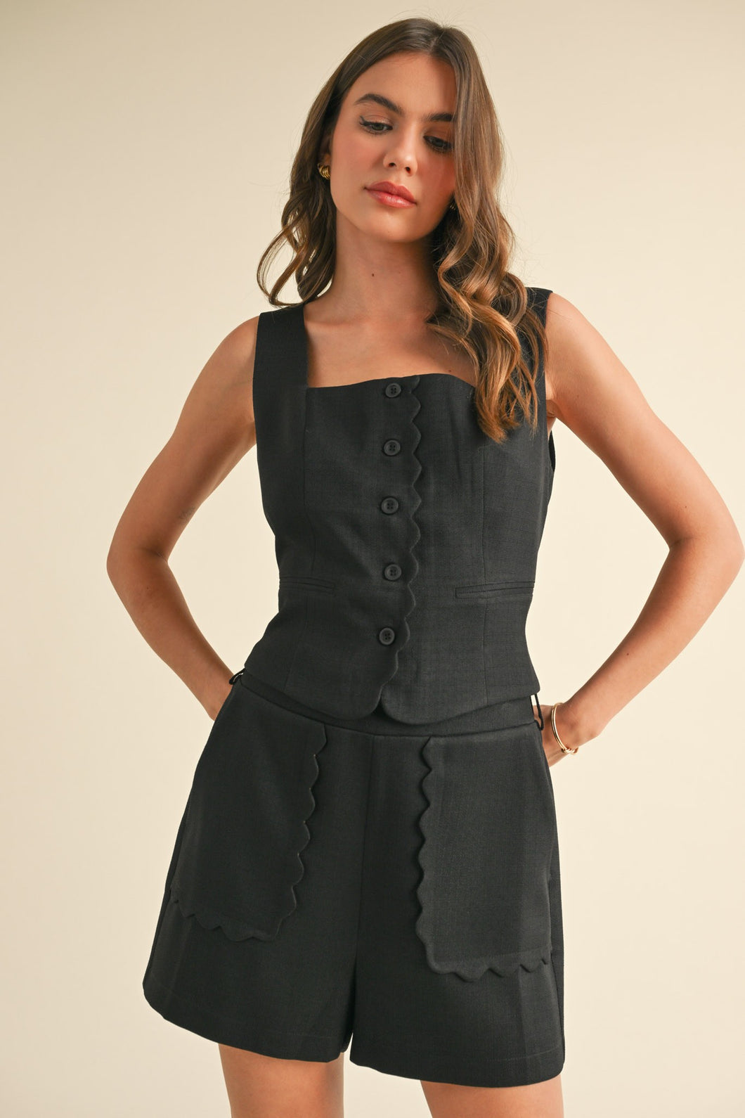 Black Scalloped Vest And Shorts Set