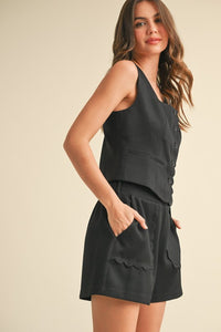 Black Scalloped Vest And Shorts Set
