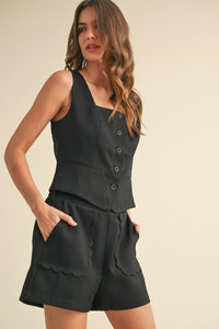 Black Scalloped Vest And Shorts Set