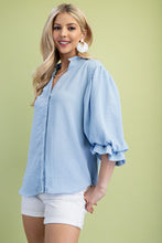 Blue 3/4 Length Gathered Balloon Sleeve Blouse
