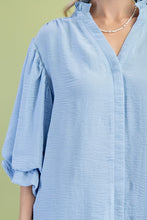 Blue 3/4 Length Gathered Balloon Sleeve Blouse