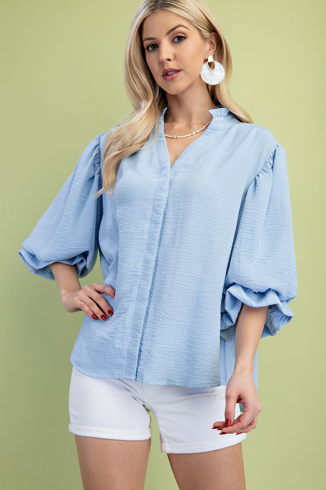 Blue 3/4 Length Gathered Balloon Sleeve Blouse