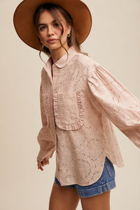 Blush Eyelet Ruffle Pocket Button-Up Blouse