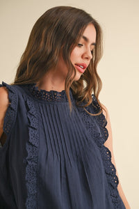 Navy Eyelet Ruffle Trim Blouse