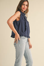 Navy Eyelet Ruffle Trim Blouse