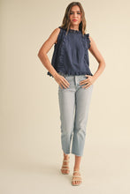Navy Eyelet Ruffle Trim Blouse