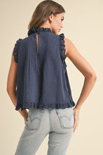 Navy Eyelet Ruffle Trim Blouse