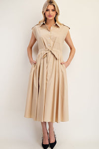 Taupe Button Down Cap Sleeve Midi Dress