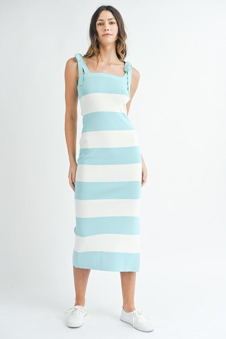 Aqua Bow Shoulder Stripe Sweater Maxi Dress