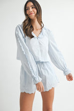 Lt Blue Long Sleeve Scallop Blouse And Shorts Set