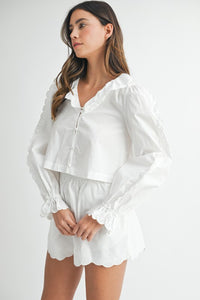 Off White Long Sleeve Scallop Blouse And Shorts Set