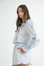 Lt Blue Long Sleeve Scallop Blouse And Shorts Set