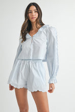 Lt Blue Long Sleeve Scallop Blouse And Shorts Set