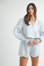 Lt Blue Long Sleeve Scallop Blouse And Shorts Set