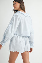 Lt Blue Long Sleeve Scallop Blouse And Shorts Set