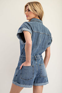 Denim Mineral Washed Button Down Romper