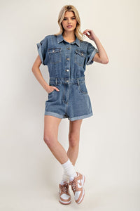 Denim Mineral Washed Button Down Romper