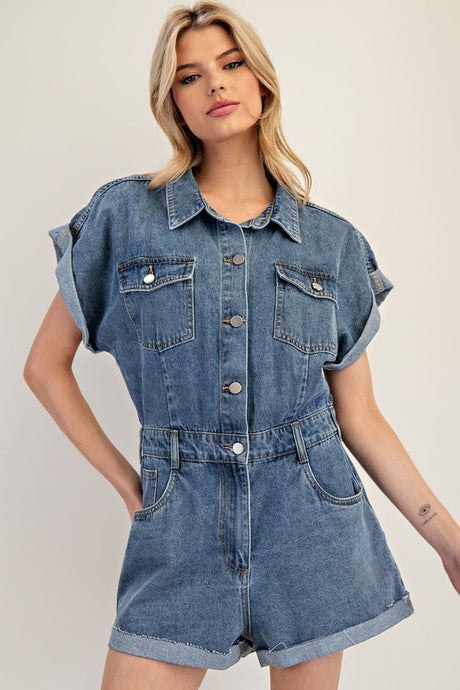 Denim Mineral Washed Button Down Romper