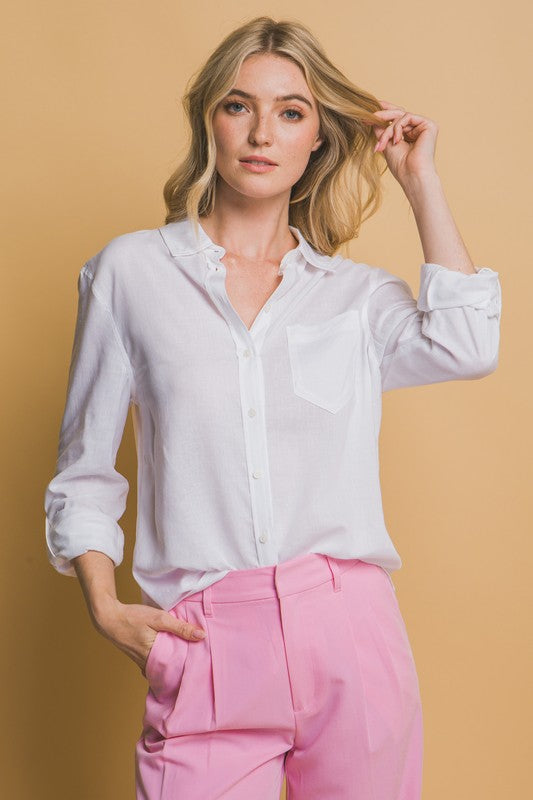 White Roll-Up Sleeve Linen-Blend Shirt