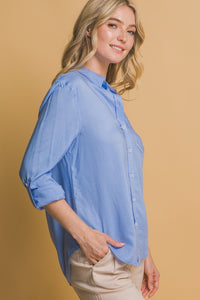 Lt.Blue Roll-Up Sleeve Linen-Blend Shirt