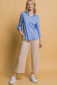 Lt.Blue Roll-Up Sleeve Linen-Blend Shirt