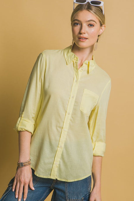 Lemon Roll-Up Sleeve Linen-Blend Shirt