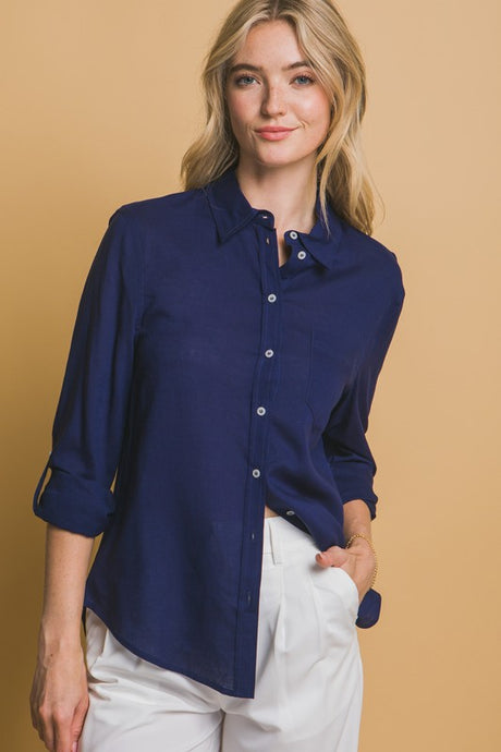 Navy Roll-Up Sleeve Linen-Blend Shirt