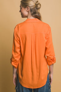 Orange Roll-Up Sleeve Linen-Blend Shirt