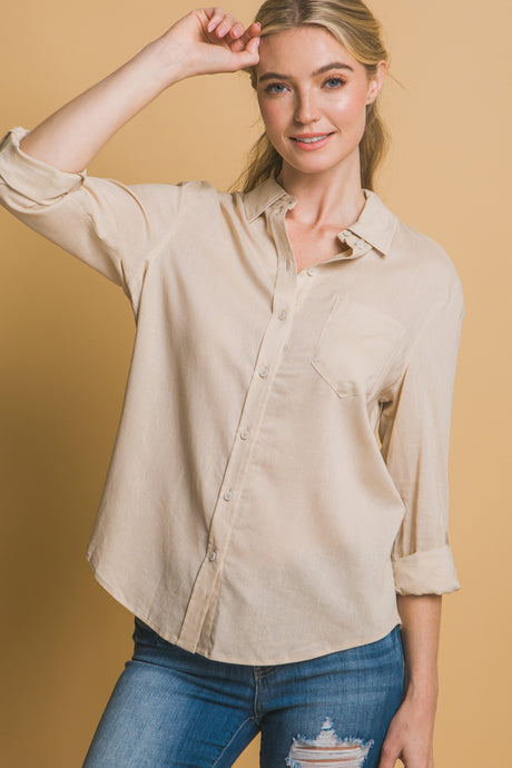 Khaki Roll-Up Sleeve Linen-Blend Shirt